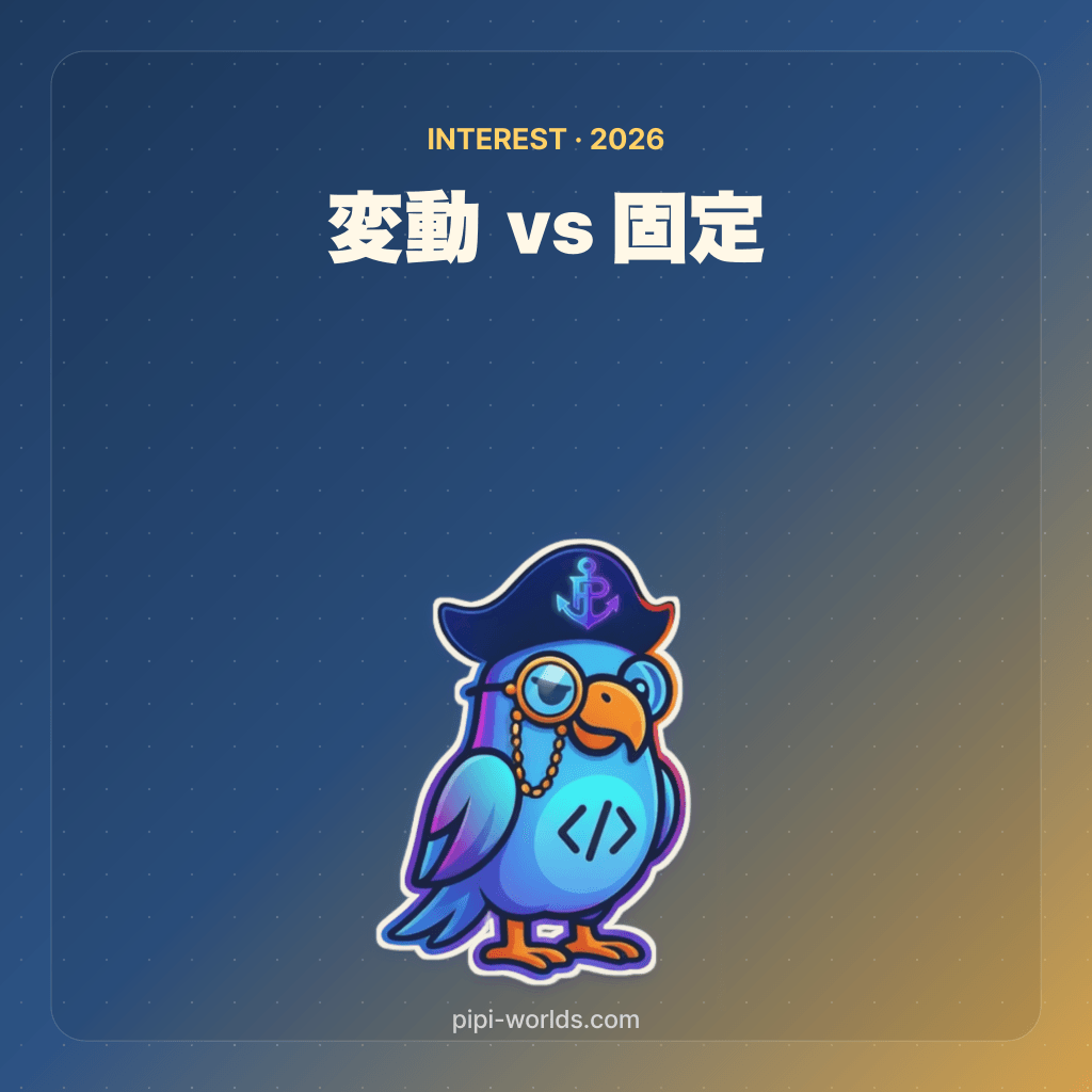 深い藍色とゴールドのグラデーション背景に PiPi マスコットと『変動 vs 全期間固定』が大きく配置された日本市場向けカード。