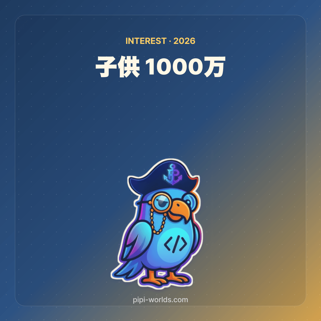 深い藍色とゴールドのグラデーション背景に PiPi マスコットと『子供貯金 1000万』が大きく配置された日本市場向けカード。