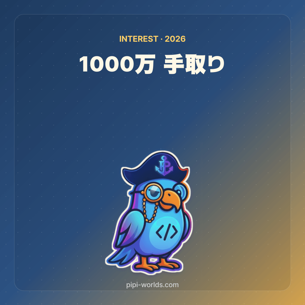 深い藍色とゴールドのグラデーション背景に PiPi マスコットと『1000万円 定期 税引後』が大きく配置された日本市場向けカード。