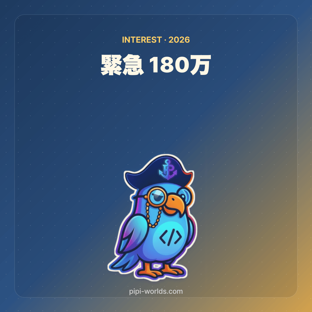 深い藍色とゴールドのグラデーション背景に PiPi マスコットと『緊急資金 6ヶ月』が大きく配置された日本市場向けカード。