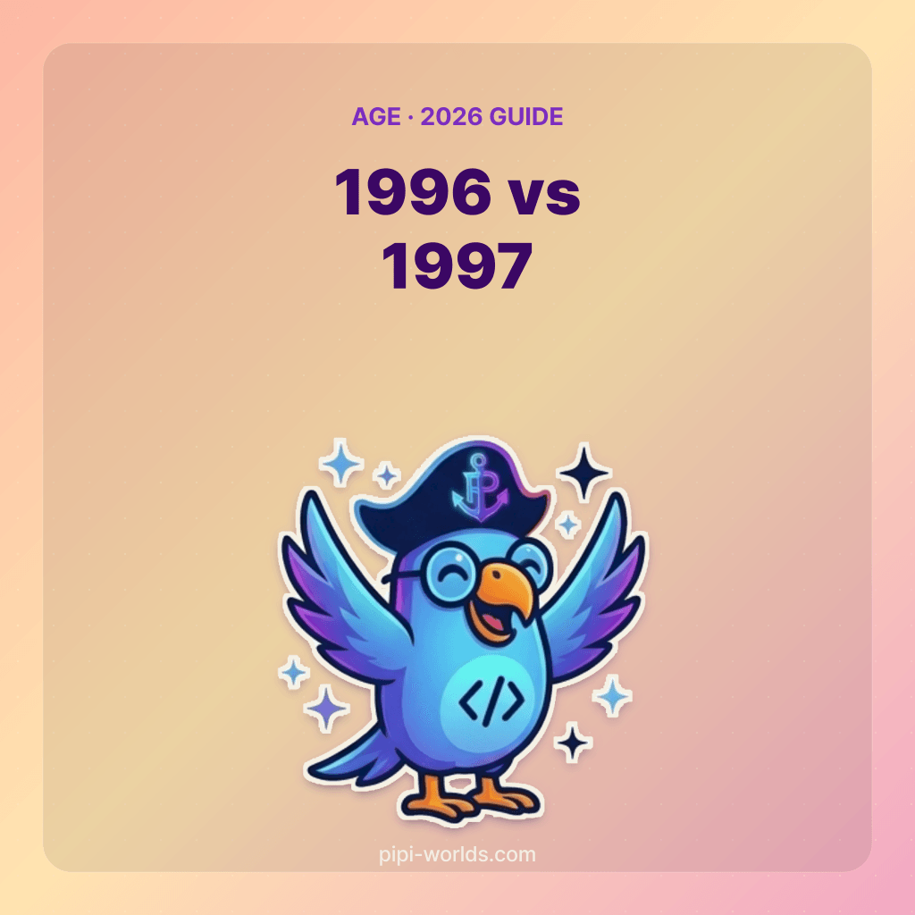 코랄·피치 그라디언트 배경 위에 PiPi 마스코트와 'Millennial vs Gen Z 1996/1997' 큰 숫자가 놓인 한국 시장용 카드.