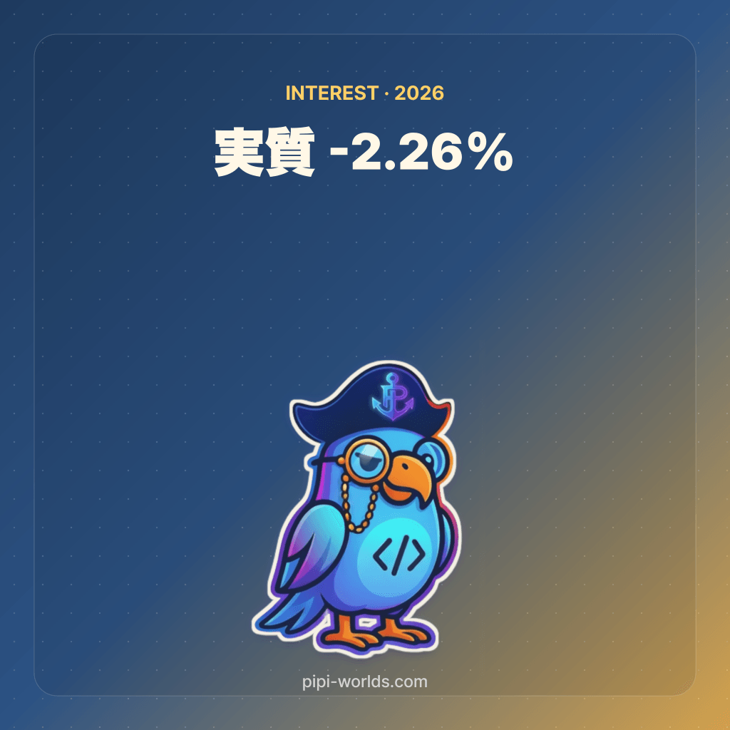 深い藍色とゴールドのグラデーション背景に PiPi マスコットと『名目0.30 - インフレ2.5 = 実質-2.26』が大きく配置された日本市場向けカード。