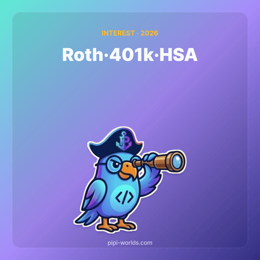 Mint-violet gradient backdrop with the PiPi mascot and 'Roth IRA·401k·HSA' label, English market card.