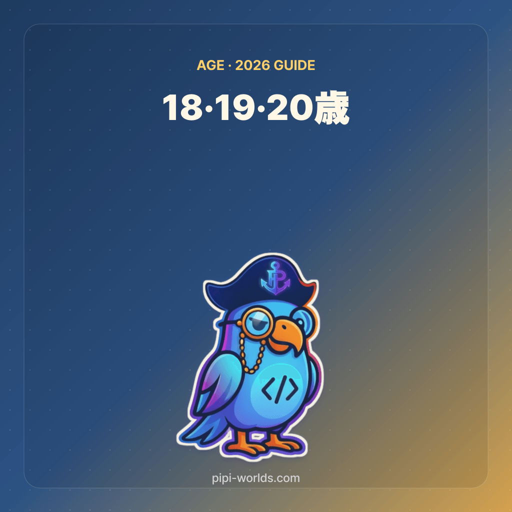 藍色と金色のグラデーション背景にPiPiマスコットと『18·19·20歳』の大きな数字が並ぶ日本市場向けカード。