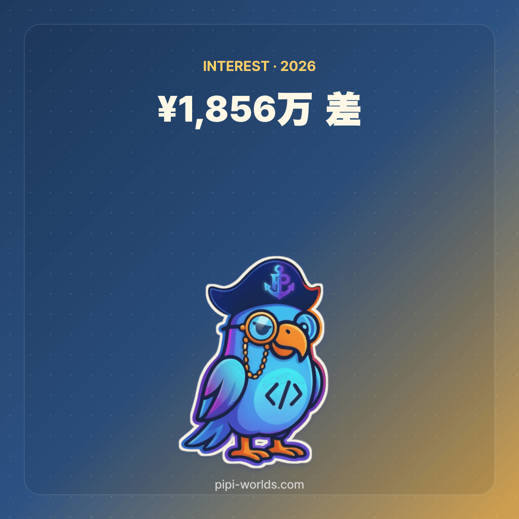 深い藍色とゴールドのグラデーション背景に PiPi マスコットと『フラット35 vs 変動』が大きく配置された日本市場向けカード。