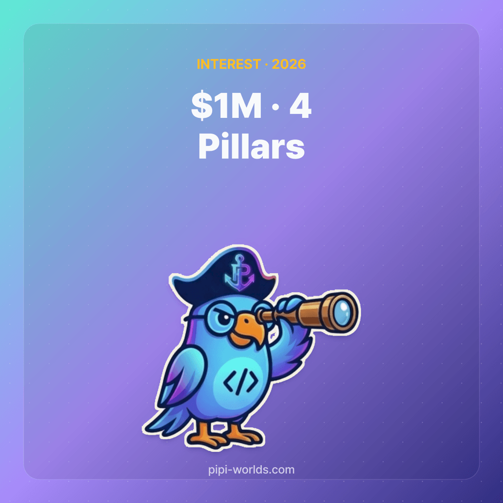 Mint-violet gradient backdrop with the PiPi mascot and 'Retirement: 4 Pillars' label, English market card.