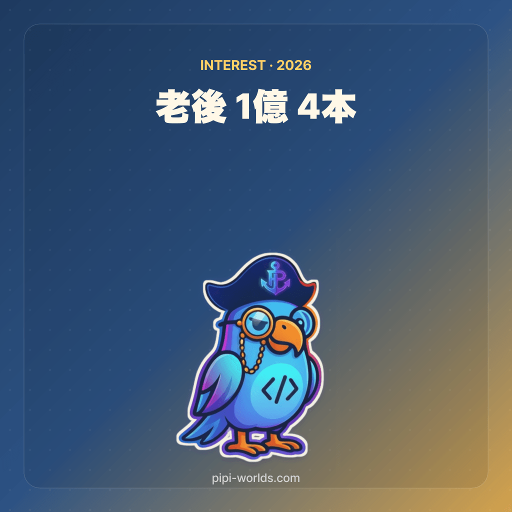 深い藍色とゴールドのグラデーション背景に PiPi マスコットと『老後 1億 4本立て』が大きく配置された日本市場向けカード。