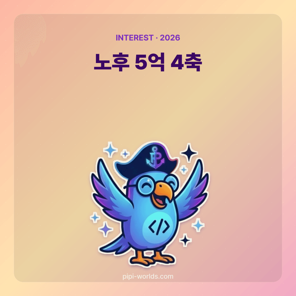 코랄·피치 그라디언트 배경 위에 PiPi 마스코트와 '노후 5억 4축 전략' 큰 글자가 놓인 한국 시장용 카드.