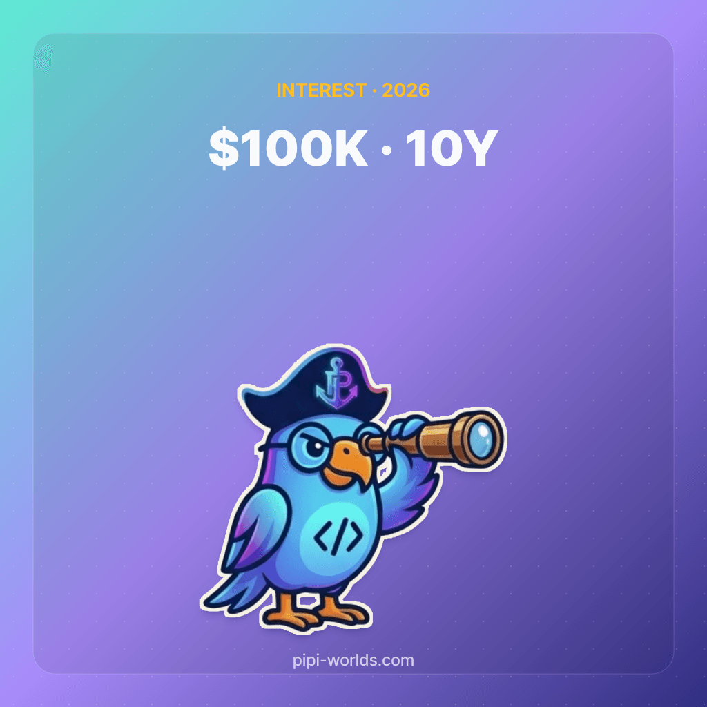 Mint-violet gradient backdrop with the PiPi mascot and '$100K · 10Y · $97K Gap' label, English market card.
