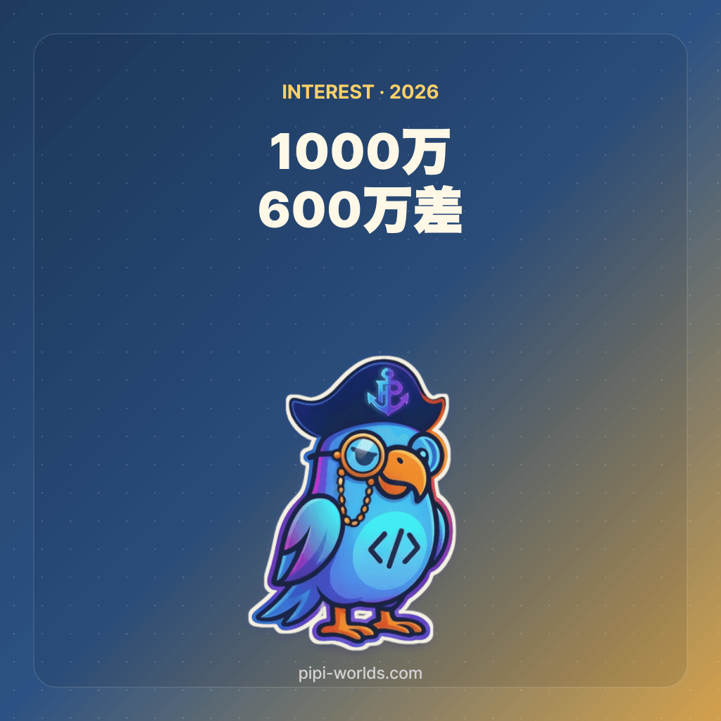 深い藍色とゴールドのグラデーション背景に PiPi マスコットと『1000万 10年 600万差』が大きく配置された日本市場向けカード。