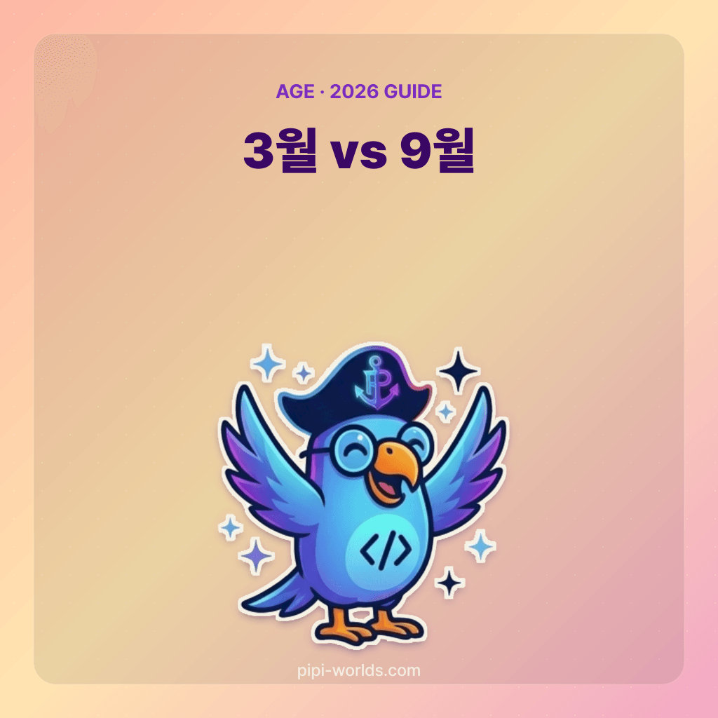 코랄·피치 그라디언트 배경 위에 PiPi 마스코트와 '3월 입학·빠른년생 폐지' 큰 글자가 놓인 한국 시장용 카드.
